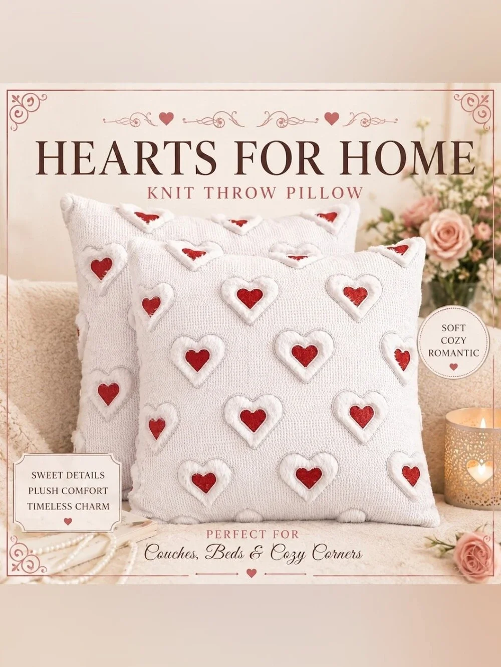 Hearts for Home White Knit Throw Pillow with Red Heart Accents With Inserts